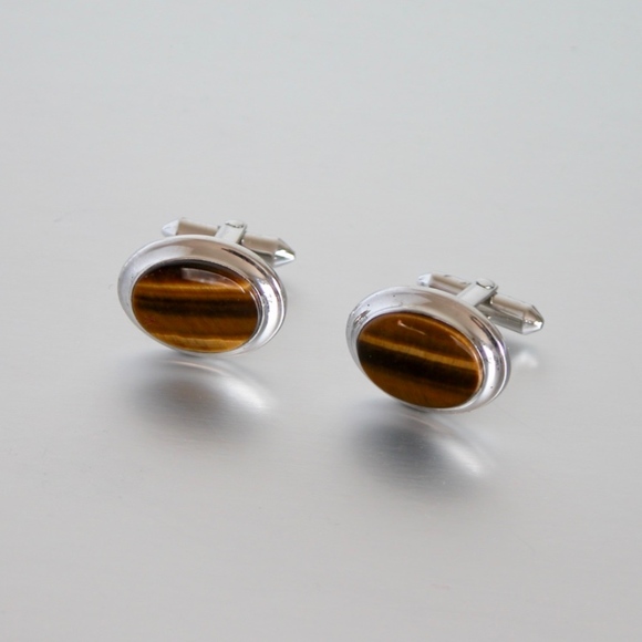 Vtg Tiger's Eye Stone Cufflinks Sterling Silver - Picture 2 of 3